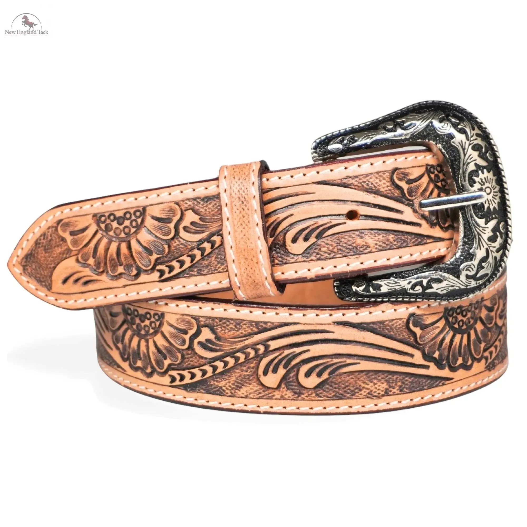 Resistance Western Cowgirl Cowboy Floral Tooled  Argentinian Leather Belt With Black Silver Buckle