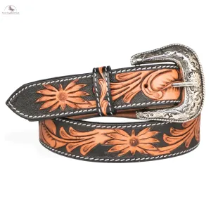 Resistance Western Cowgirl Cowboy Floral Tooled  Argentinian Leather Belt With Black Silver Buckle