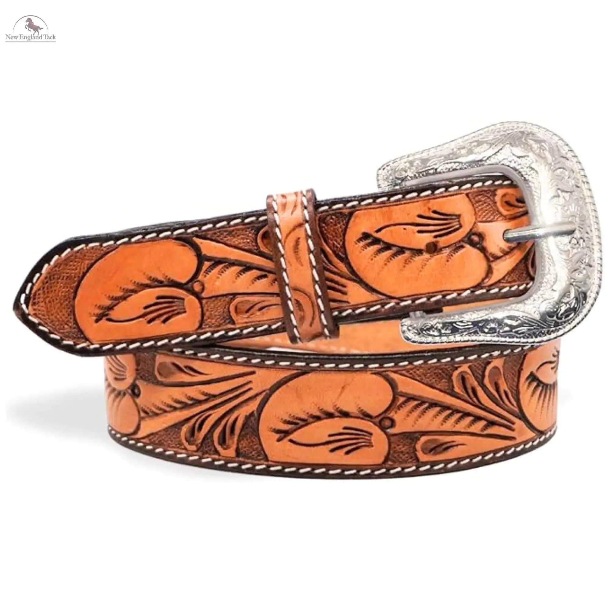 Resistance Western Cowgirl Cowboy Floral Tooled  Argentinian Leather Belt With Black Silver Buckle