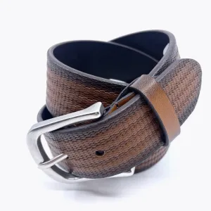 Textured Striped Leather Casual Belt by Lindenmann / Cognac