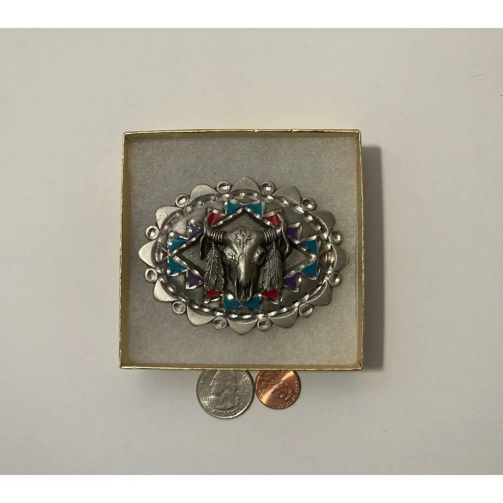 Vintage 1996 Metal Belt Buckle, Nice Native Design Style, Cow Skull,
