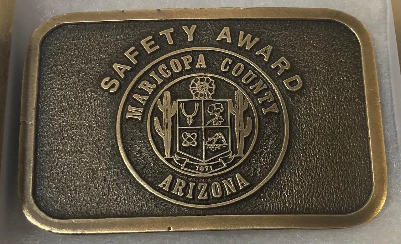 Vintage Metal Belt Buckle, Brass, Maricopa County, Arizona, Safety Award, Nice Western Style Design