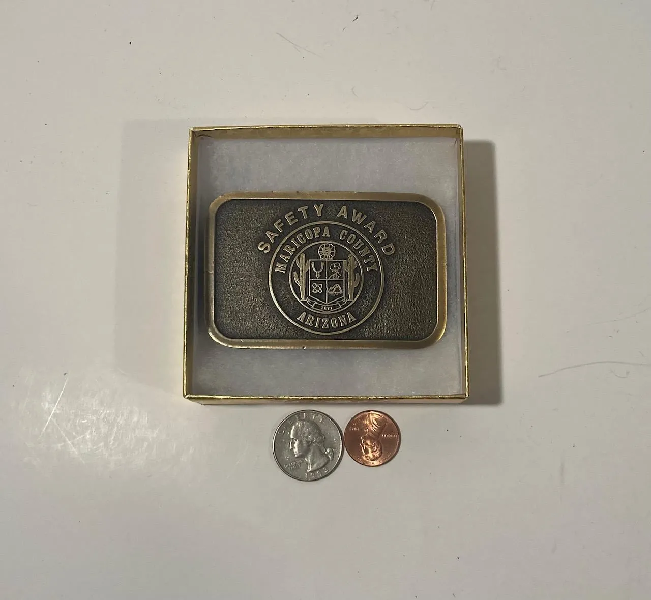 Vintage Metal Belt Buckle, Brass, Maricopa County, Arizona, Safety Award, Nice Western Style Design