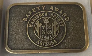 Vintage Metal Belt Buckle, Brass, Maricopa County, Arizona, Safety Award, Nice Western Style Design