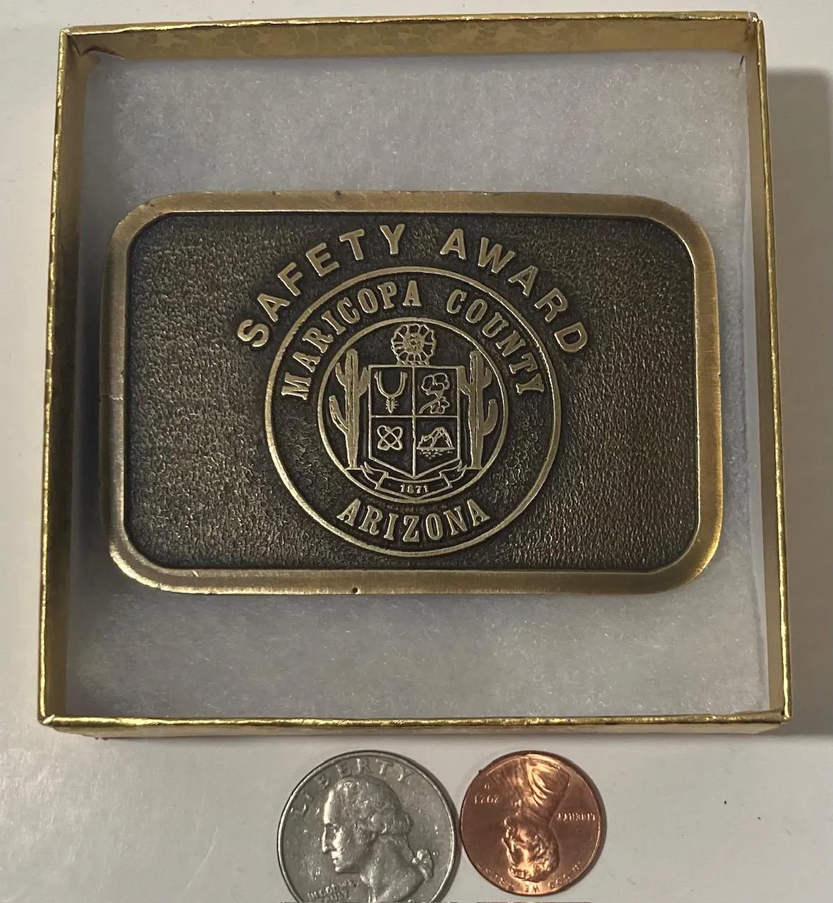 Vintage Metal Belt Buckle, Brass, Maricopa County, Arizona, Safety Award, Nice Western Style Design